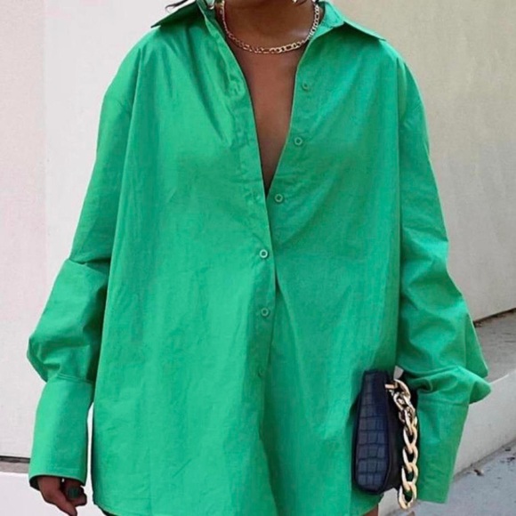 White Fox Boutique Oversized Green Button-Up Shirt - Picture 3 of 6